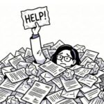 teacher drowning in papers holding up a help sign