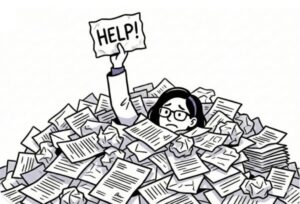 teacher drowning in papers holding up a help sign