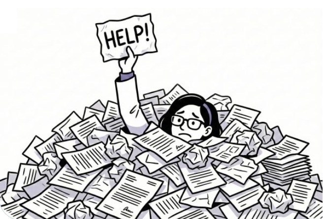 teacher drowning in papers holding up a help sign